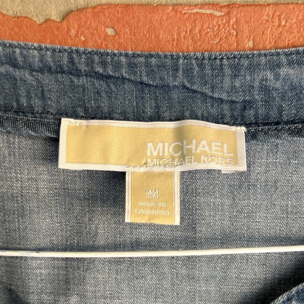 Michael Kors Chambray Boho Blouse 3/4 Tie Sleeve Large Split V-Neck Pull-On Blue